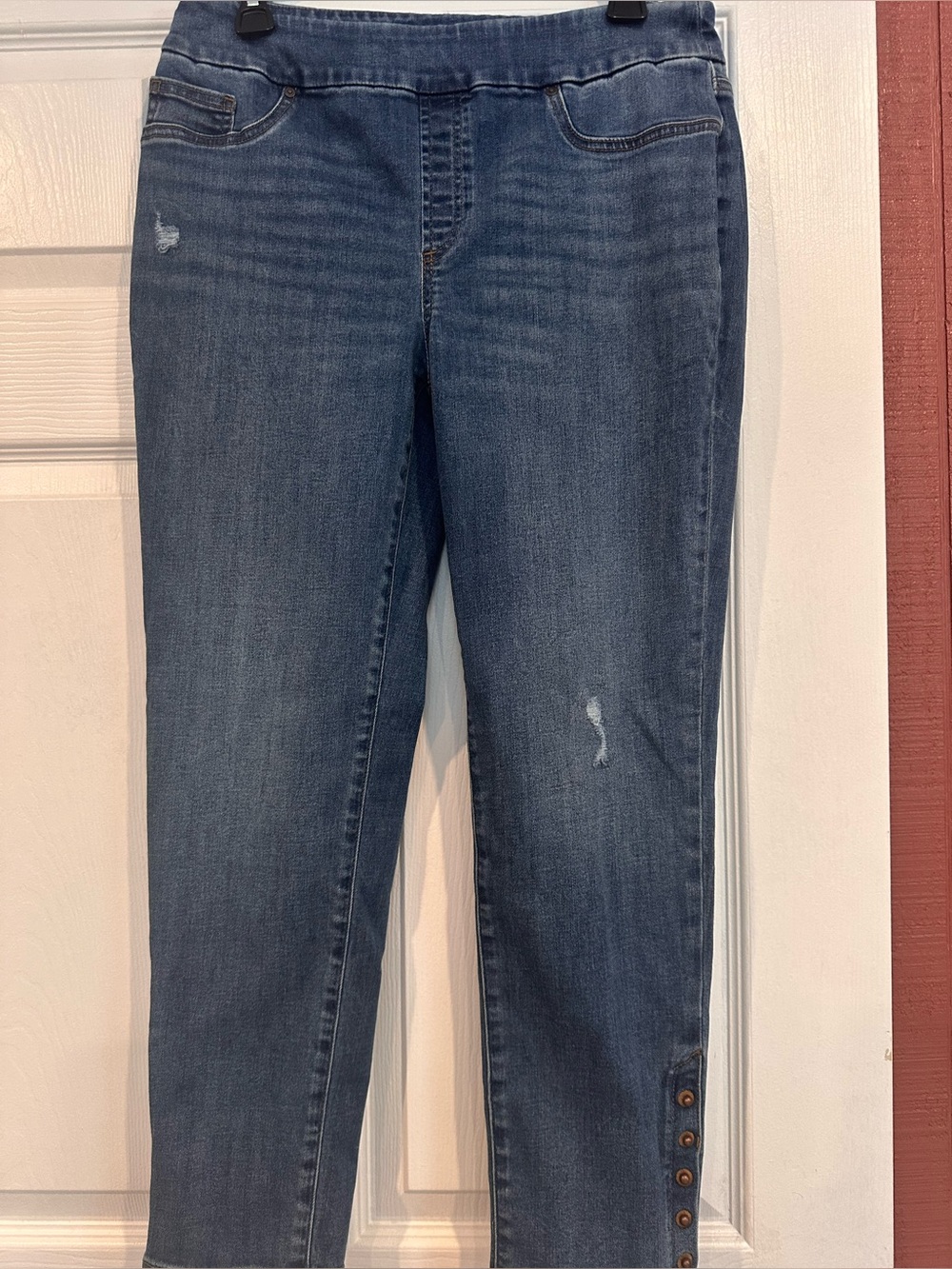 Chico's Midwash Blue Ankle Crop Jeans with Button Hem
